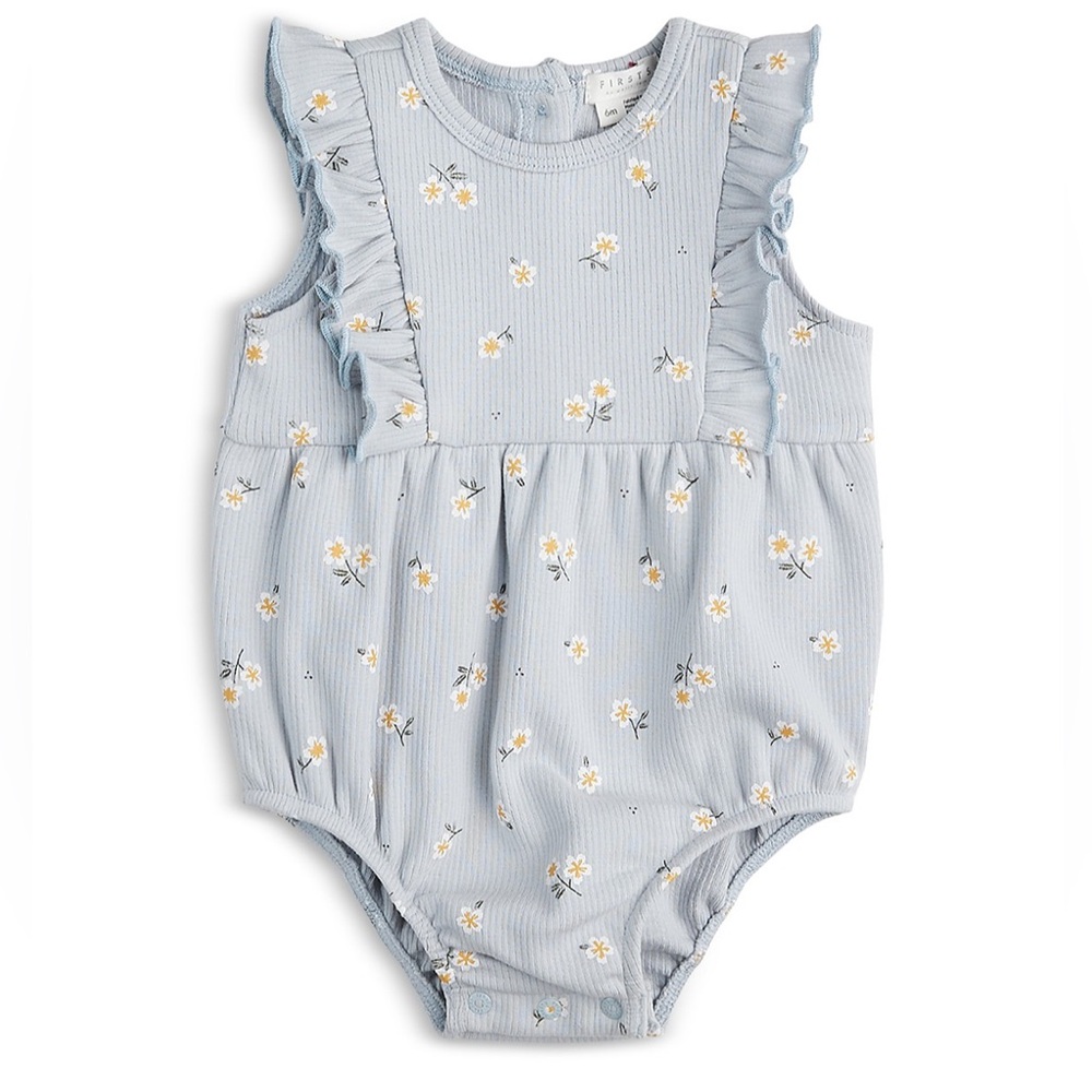 FIRSTS by Petit Lem Daisy Print Rib Organic Cotton Ruffled Romper, 9M